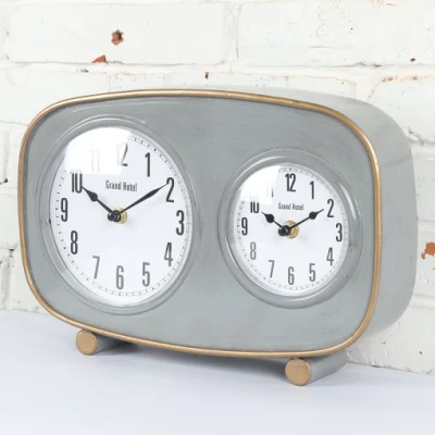 Horloge de table décorative de couleur d'or d'horloge en métal gris de fuseau horaire différent de 2 cadrans